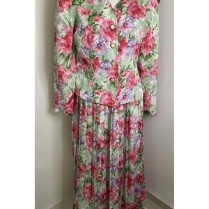 Vintage Talbots Floral Skirt Suit Set: Pink‎ Green Watercolor, Size 8